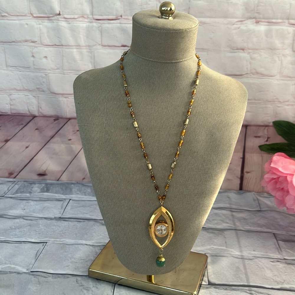 Vintage Baroness wind up watch glass beads amber colored necklace Jadeite charm